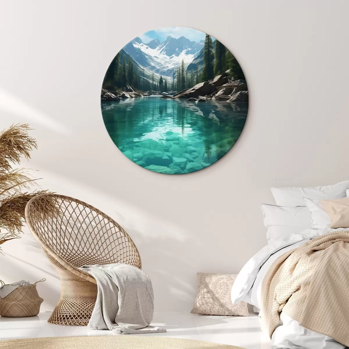 Tableaux rondes Rivière alpine limpide avec lit rocheux et sommets enneigés r46514