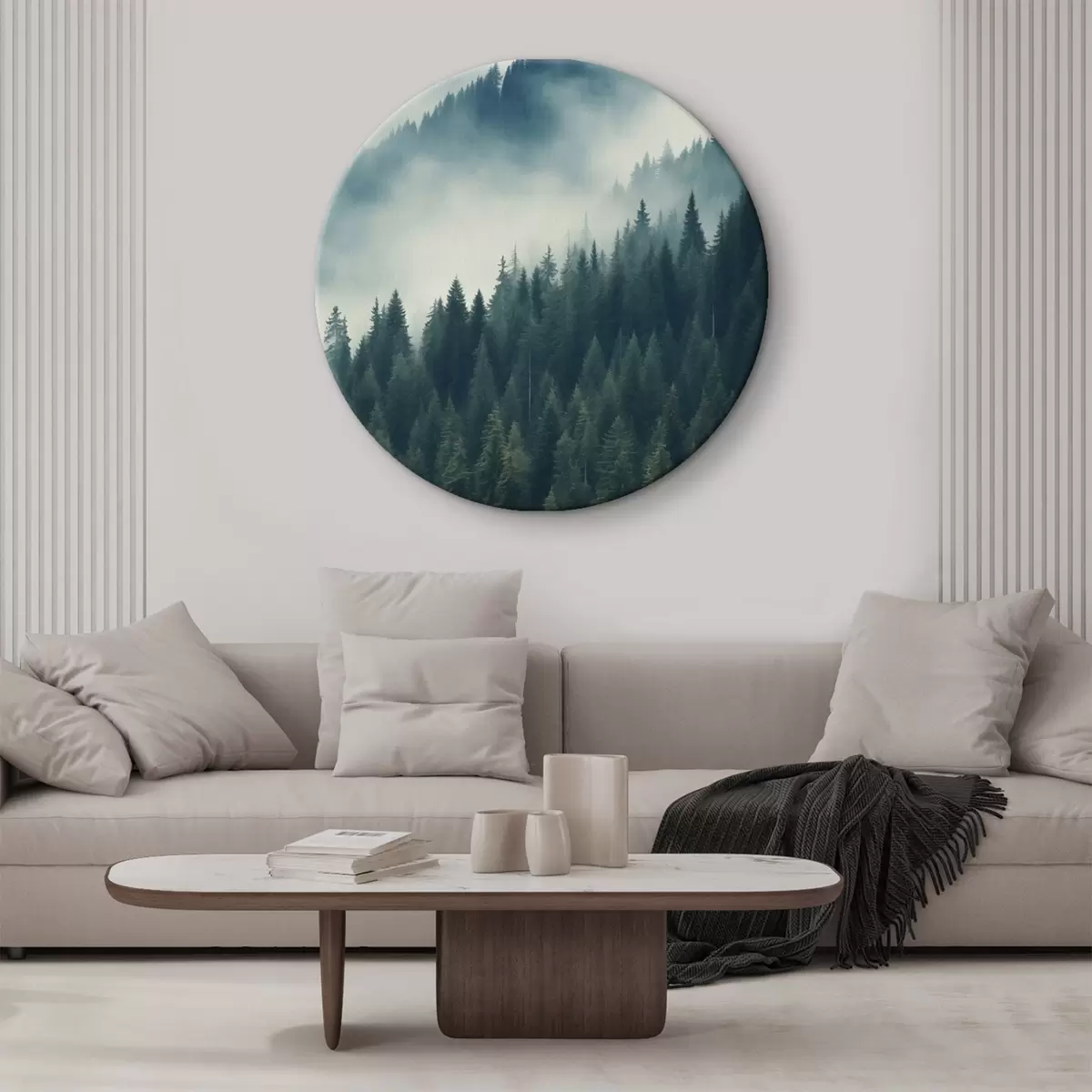 Tableaux rondes Brouillard sur les pentes couvertes de conifères, tons vert foncé r46516