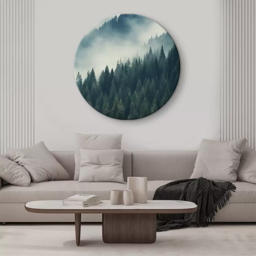 Tableau Brouillard sur les pentes couvertes de conifères, tons vert foncé r46516