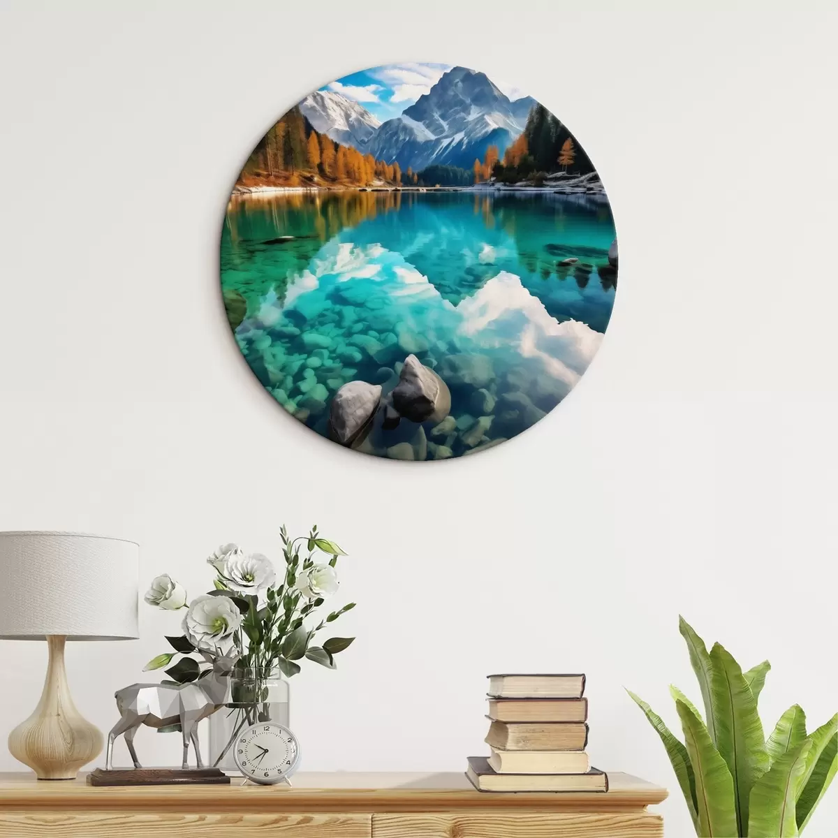 Tableaux rondes Lac de montagne aux eaux turquoise et mélèzes automnaux r46517