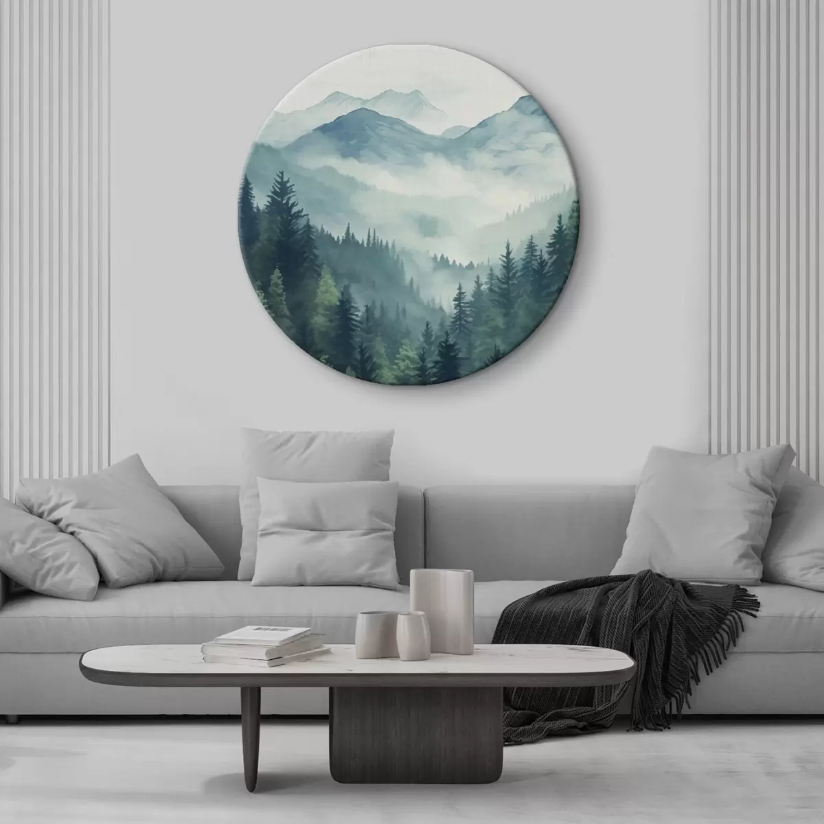Tableaux rondes Montagnes et forêt aquarellées dans la douce brume matinale r46519