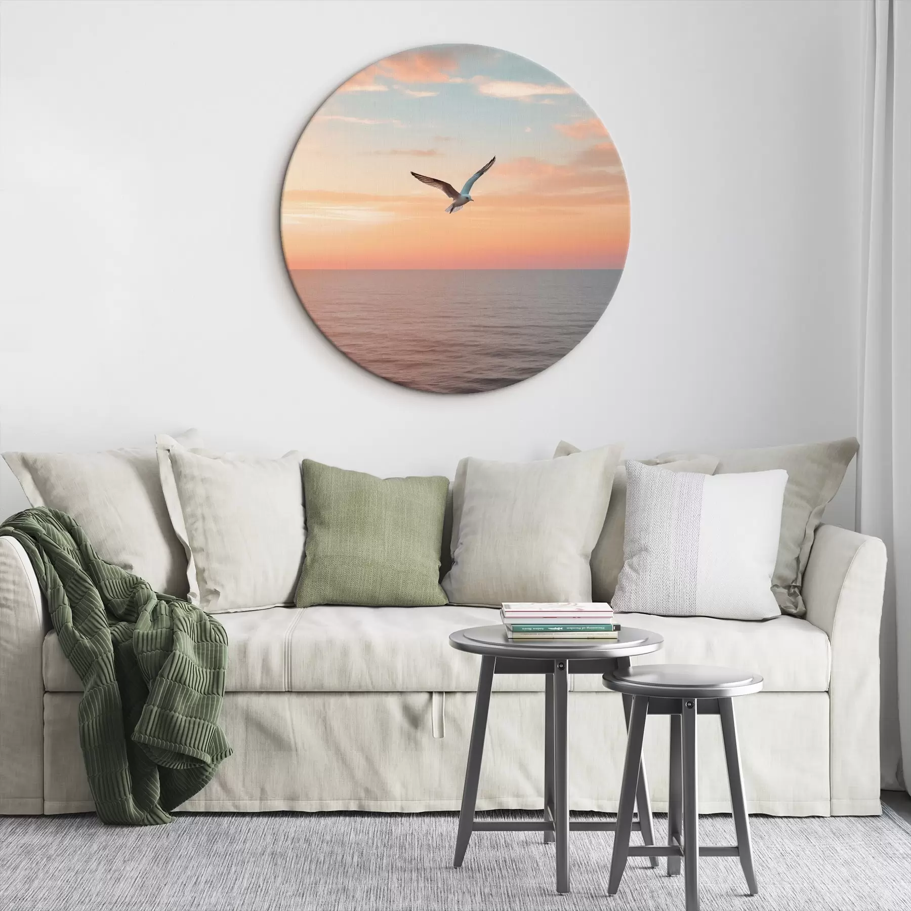 Tableau Mouette au-dessus de la mer, au coucher de soleil rose-pêche r46520