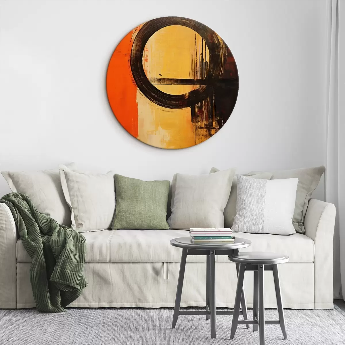 Tableaux rondes Résumé avec un anneau noir sur fond sable-terre cuite r46529