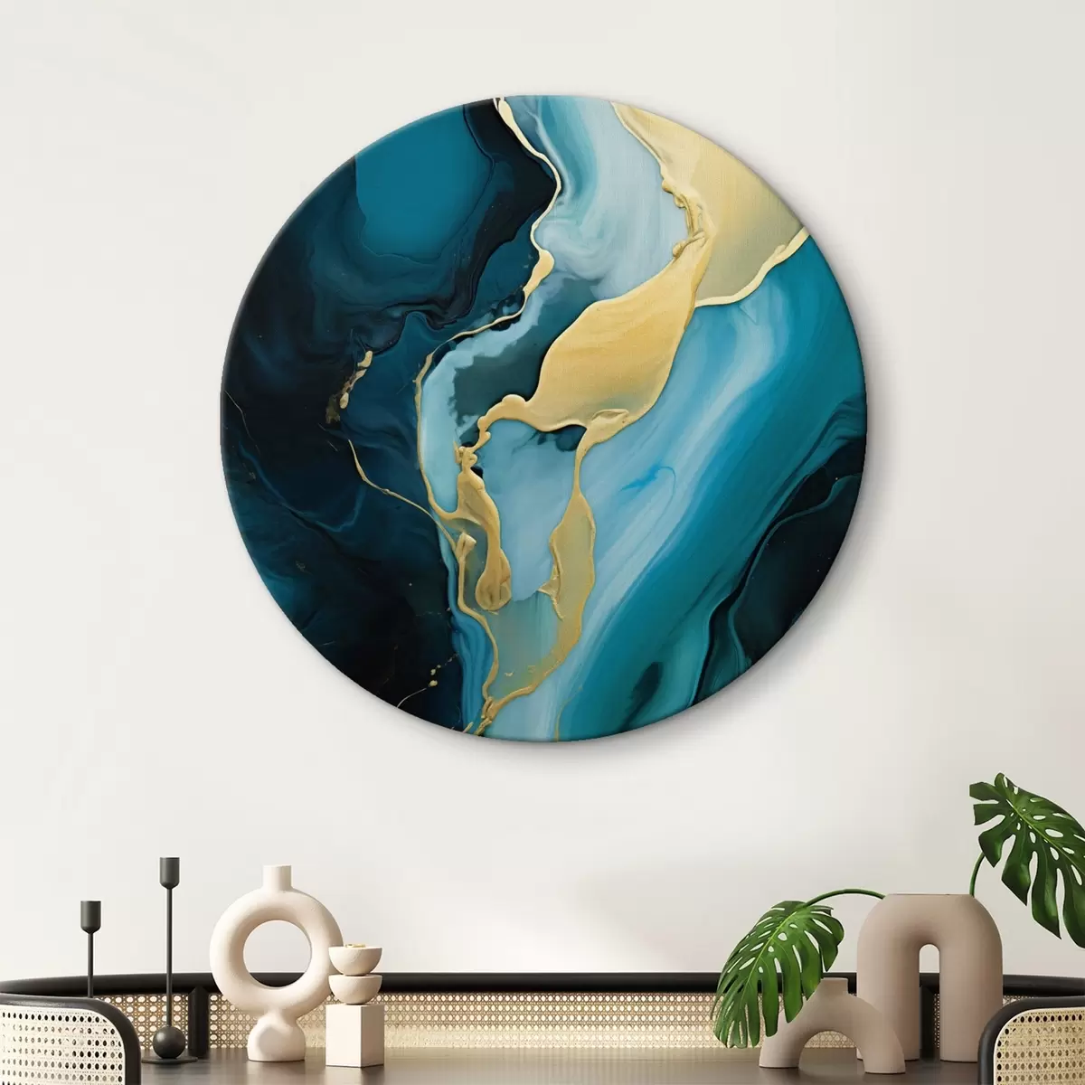 Tableaux rondes Abstrait bleu sarcelle avec un trait ocre r46530