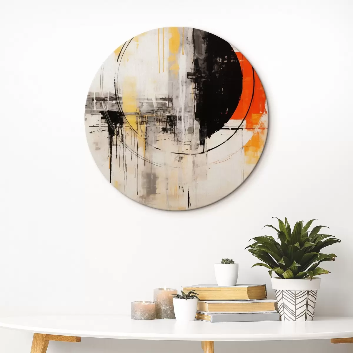 Tableaux rondes Cercle orange monochrome avec coulures texturées r46536