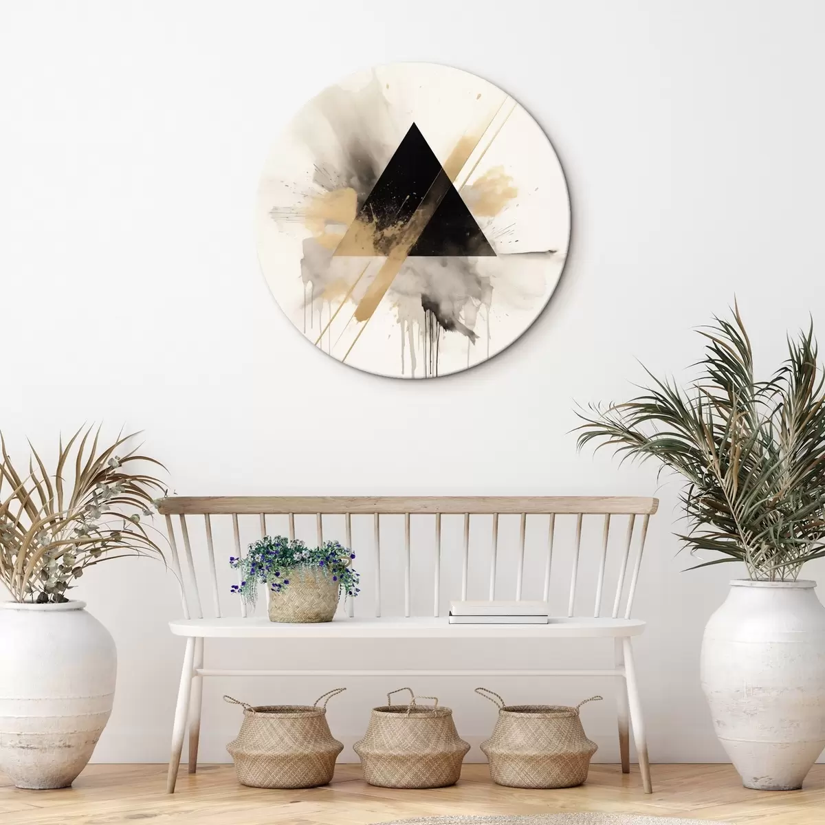 Tableaux rondes Géométrie : triangle noir avec des éclaboussures et des lignes claires r46540