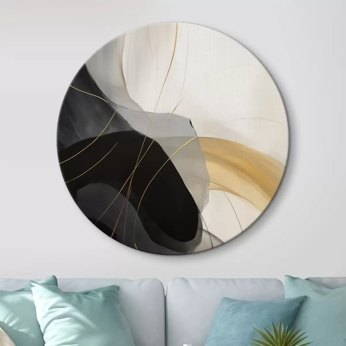 Tableaux rondes Courbes douces en noir et beige avec une touche chaleureuse r46542