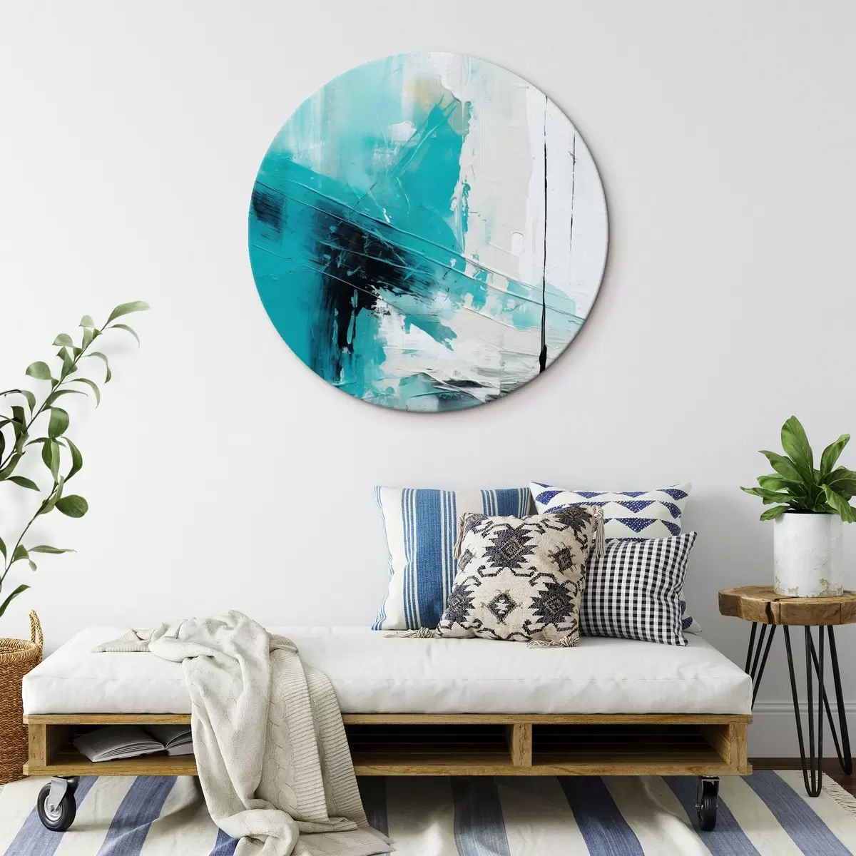 Tableaux rondes Trait turquoise sur fond blanc avec un trait noir r46545