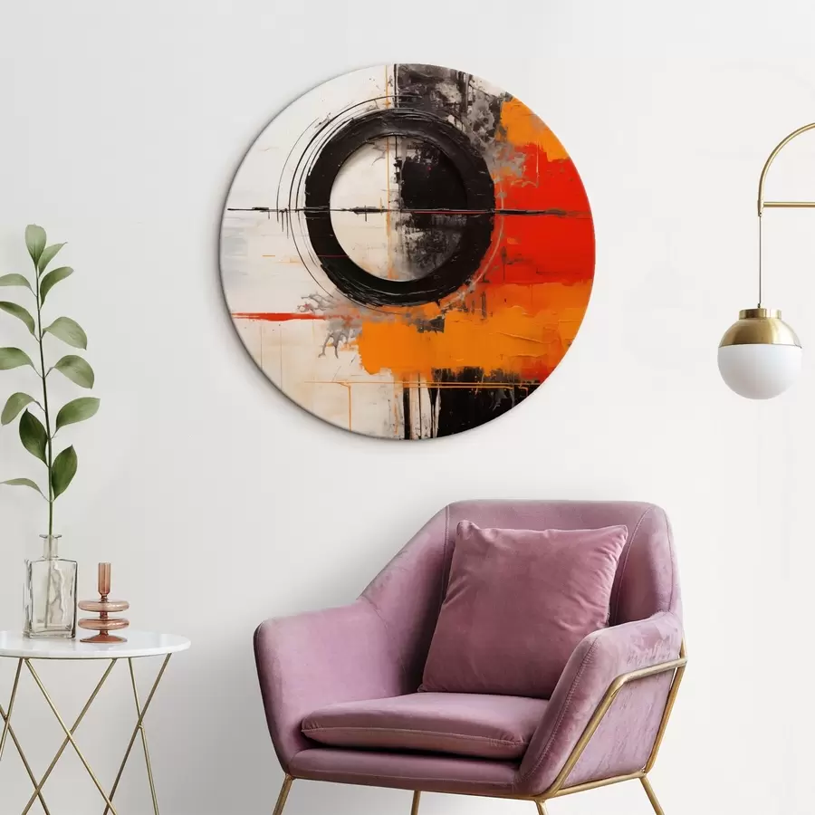 Tableau Cercle noir sur fond blanc, traits et éclaboussures orange r46549