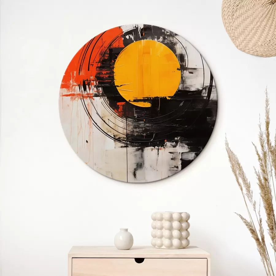 Tableau Disque orange dans un anneau noir, traits et éclaboussures r46550