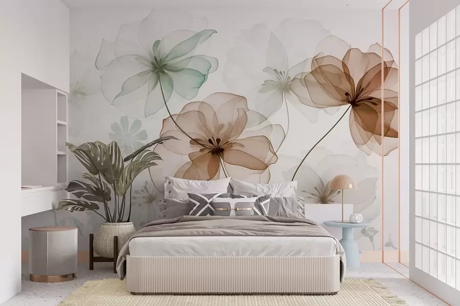 Papier peint Fleurs translucides aux pétales bruns et verts, longues tiges, fond clair, couleurs douces, motif floral texturé w09529