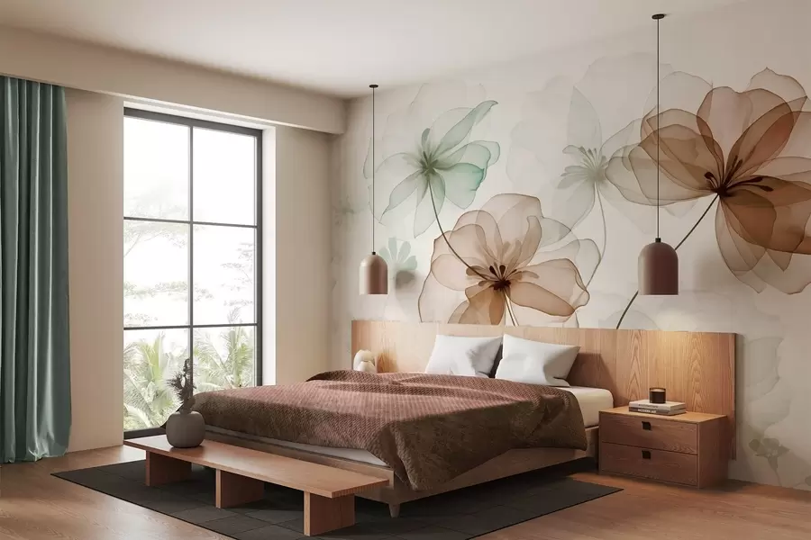 Papier peint Fleurs translucides aux pétales bruns et verts, longues tiges, fond clair, couleurs douces, motif floral texturé w09529