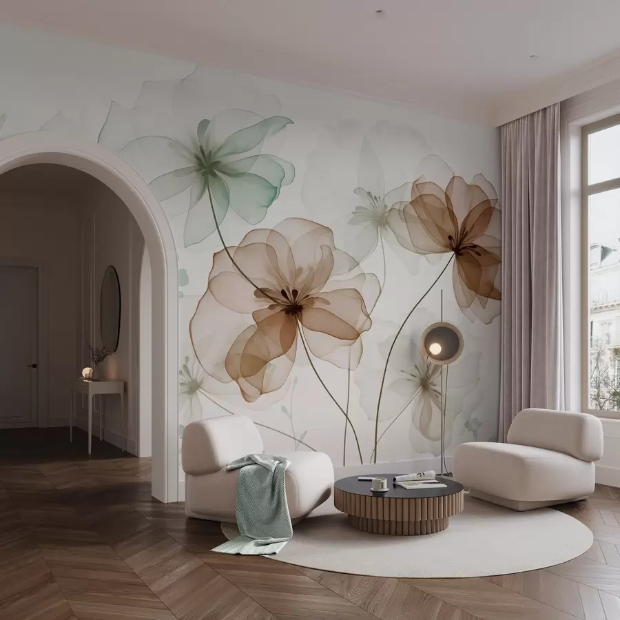 Papier peint Fleurs translucides aux pétales bruns et verts, longues tiges, fond clair, couleurs douces, motif floral texturé w09529