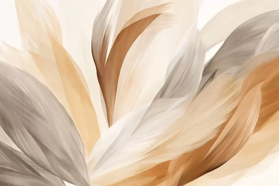 Papier peint Plumes abstraites texturées dans des tons bruns, blancs et gris et diverses nuances, se superposant sur un fond blanc. w09531