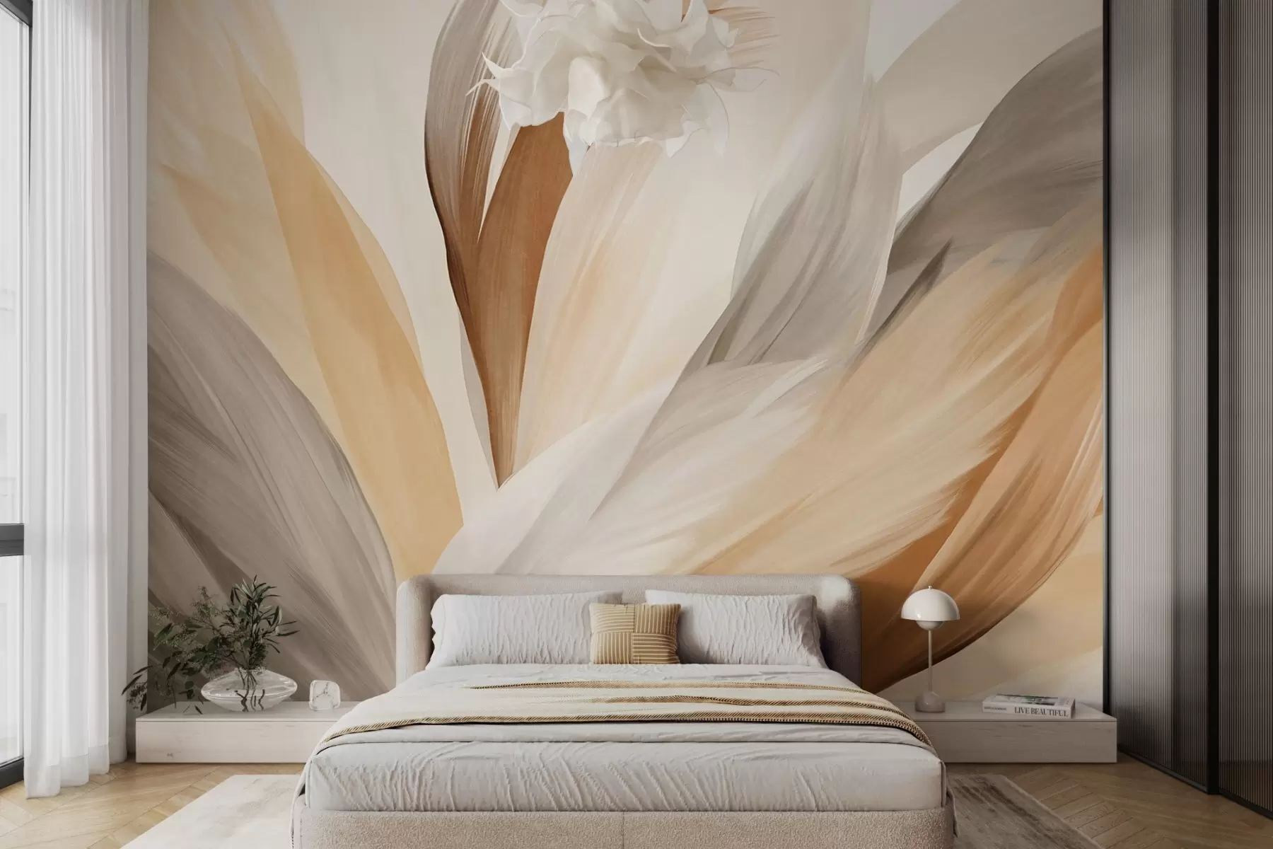 Papier peint Plumes abstraites texturées dans des tons bruns, blancs et gris et diverses nuances, se superposant sur un fond blanc w09531