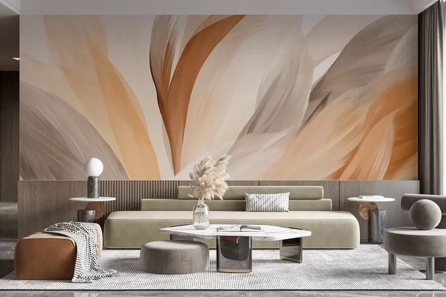 Papier peint Plumes abstraites texturées dans des tons bruns, blancs et gris et diverses nuances, se superposant sur un fond blanc w09531