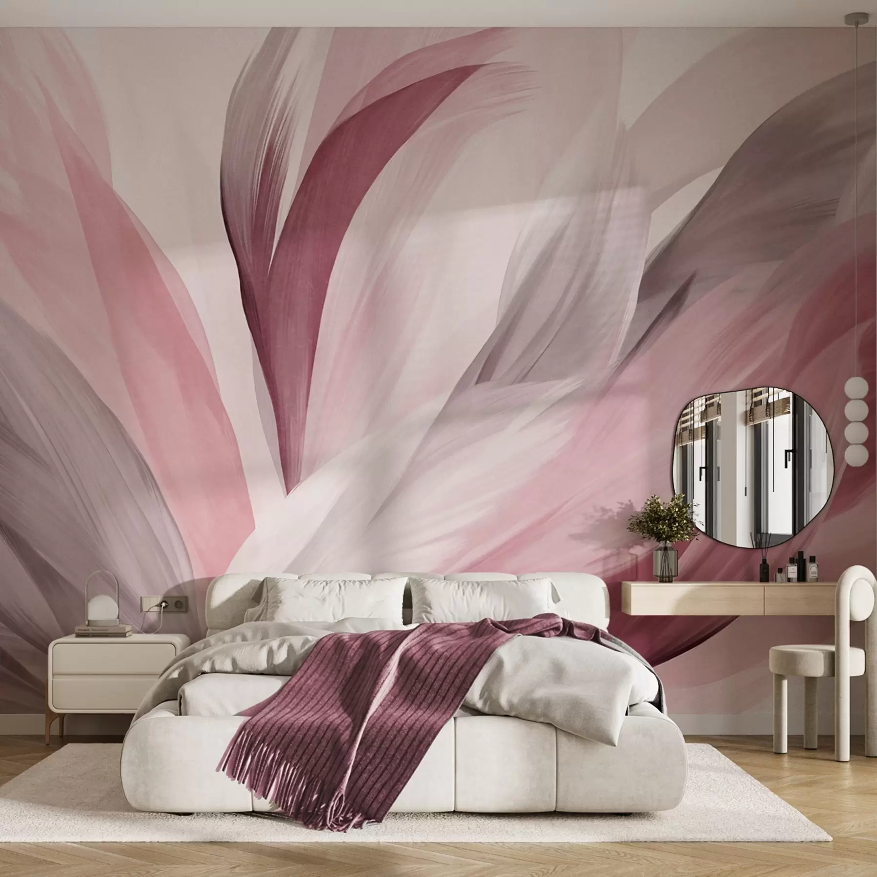 Papier peint Plumes abstraites texturées dans les tons rose, blanc, gris et diverses nuances, se superposant sur un fond blanc w09531v2