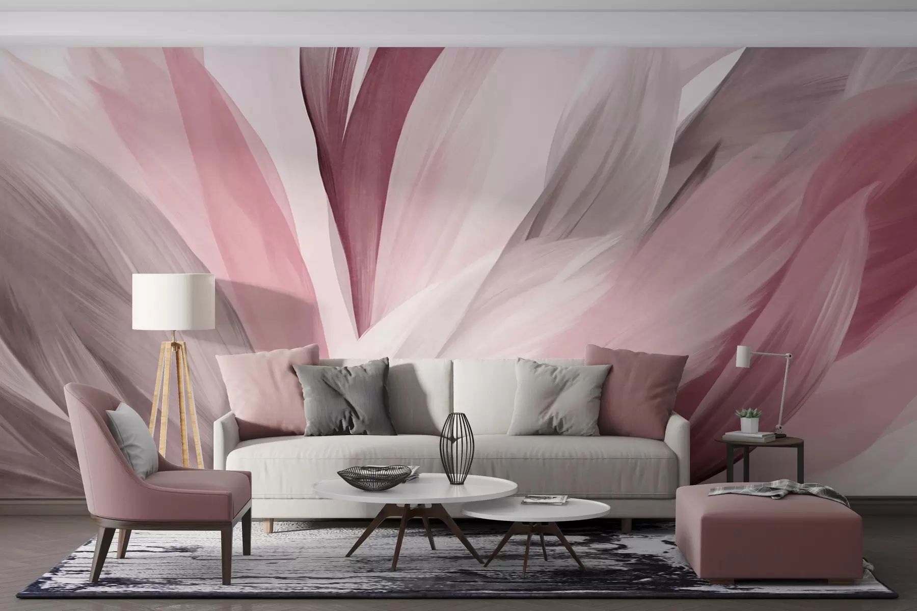 Papier peint Plumes abstraites texturées dans les tons rose, blanc, gris et diverses nuances, se superposant sur un fond blanc w09531v2