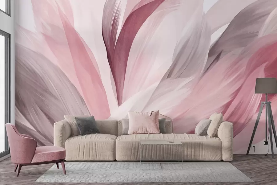 Papier peint Plumes abstraites texturées dans les tons rose, blanc, gris et diverses nuances, se superposant sur un fond blanc w09531v2