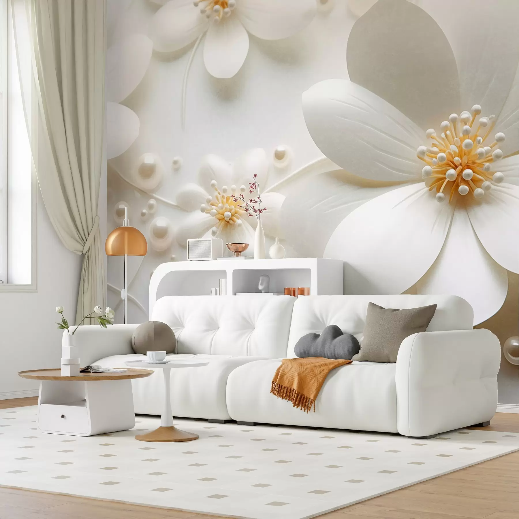 Papier peint Fleurs blanches avec des perles dispersées sur un fond blanc, design élégant et minimaliste, texturé w09535