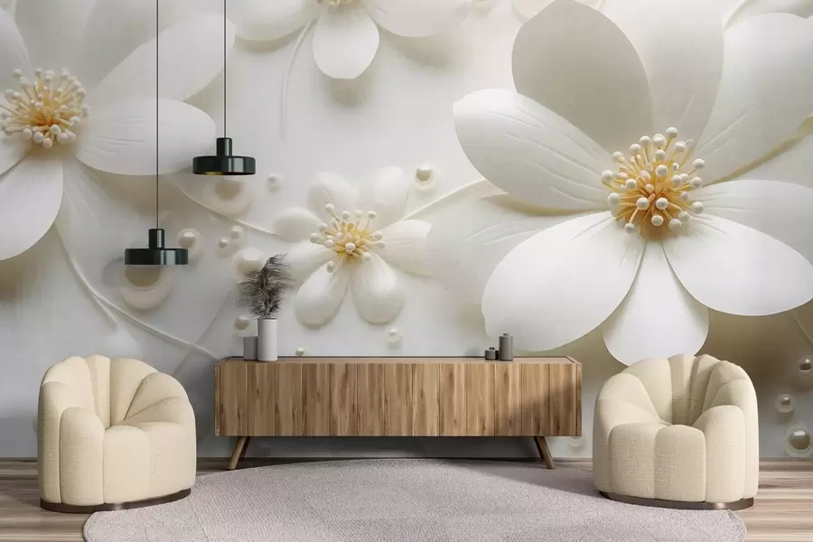 Papier peint Fleurs blanches avec des perles dispersées sur un fond blanc, design élégant et minimaliste, texturé w09535