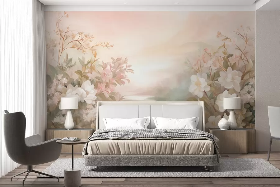 Papier peint Un paysage avec une rivière entourée de fleurs et de plantes, des couleurs douces, un ciel rose, un style aquarelle texturé w09537