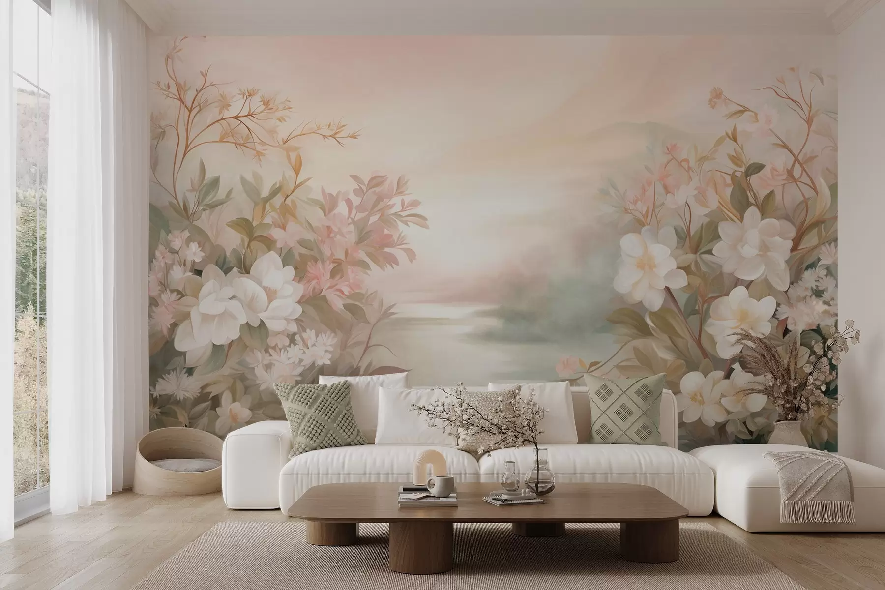 Papier peint Un paysage avec une rivière entourée de fleurs et de plantes, des couleurs douces, un ciel rose, un style aquarelle texturé w09537
