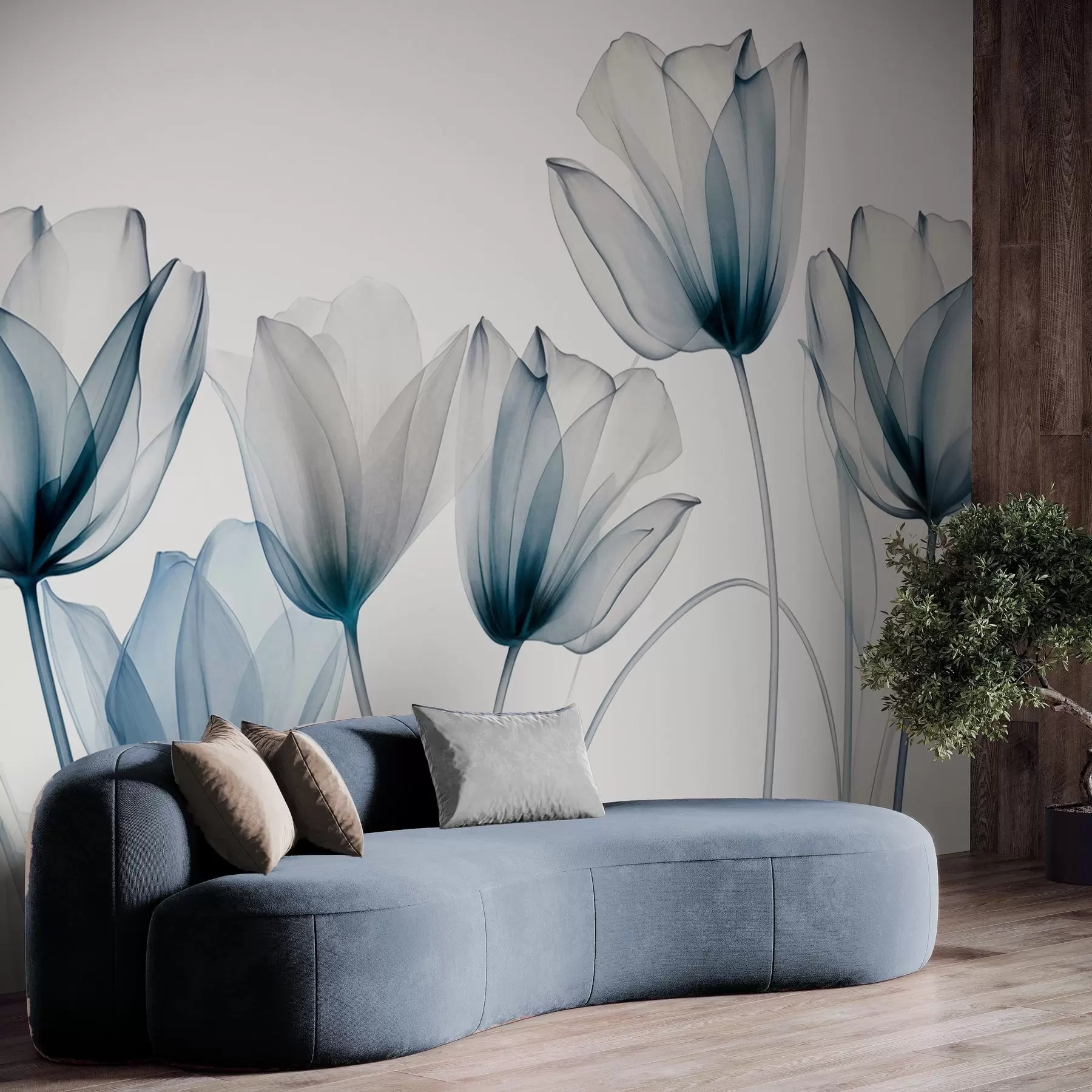 Papier peint Fleurs de tulipes bleues et blanches translucides à longues tiges, sur fond clair, art floral délicat et texturé w09538