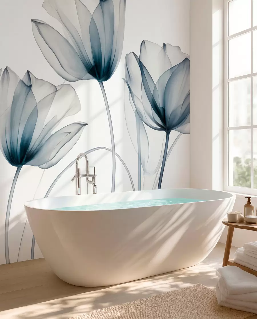 Papier peint Fleurs de tulipes bleues et blanches translucides à longues tiges, sur fond clair, art floral délicat et texturé w09538