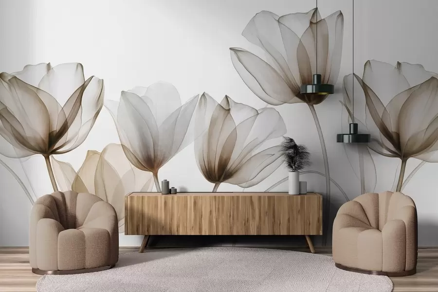 Papier peint Fleurs de tulipes translucides brunes et blanches à longues tiges, sur fond clair, art floral délicat et texturé w09538v1