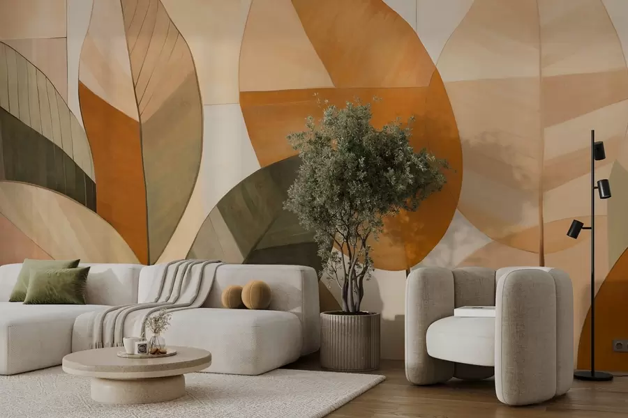 Papier peint Feuilles abstraites de grande taille dans des tons orange, marron et vert, texturées, disposées sur un fond clair. w09539