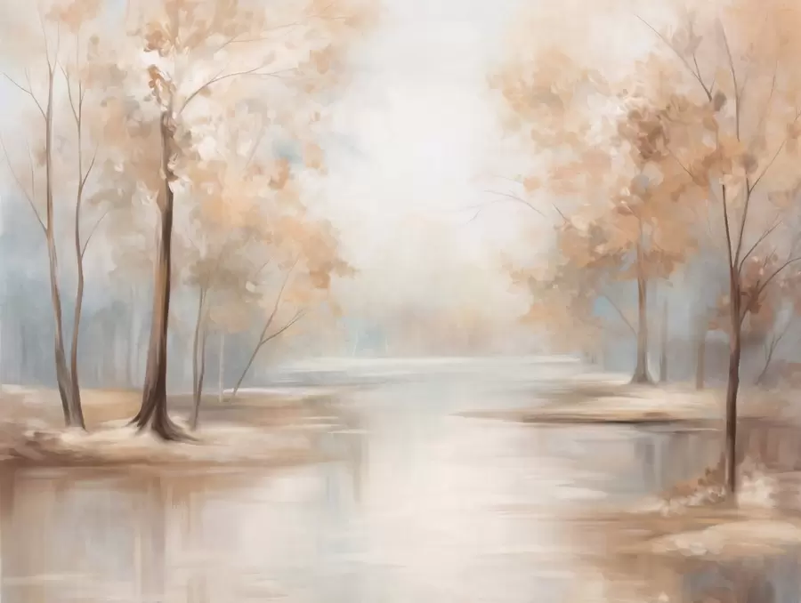 Papier peint Paysage automnal texturé avec des arbres et une rivière, couleurs douces, atmosphère légère et aérienne, scène paisible et tranquille w09541