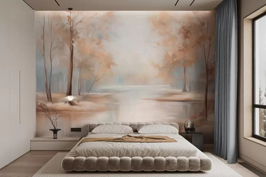 Papier peint Paysage automnal texturé avec des arbres et une rivière, couleurs douces, atmosphère légère et aérienne, scène paisible et tranquille w09541