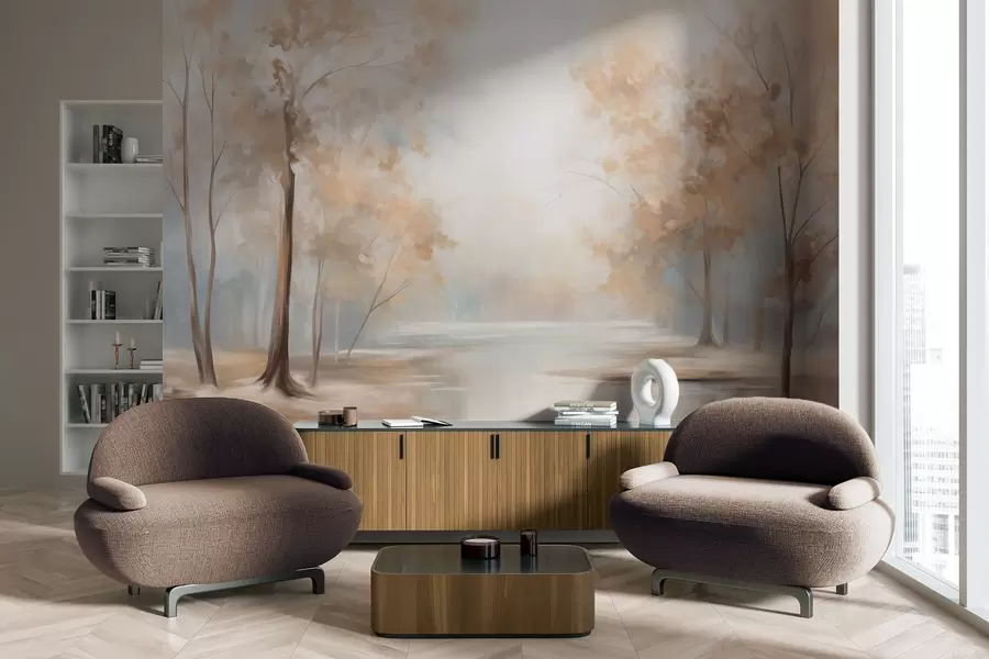 Papier peint Paysage automnal texturé avec des arbres et une rivière, couleurs douces, atmosphère légère et aérienne, scène paisible et tranquille. w09541