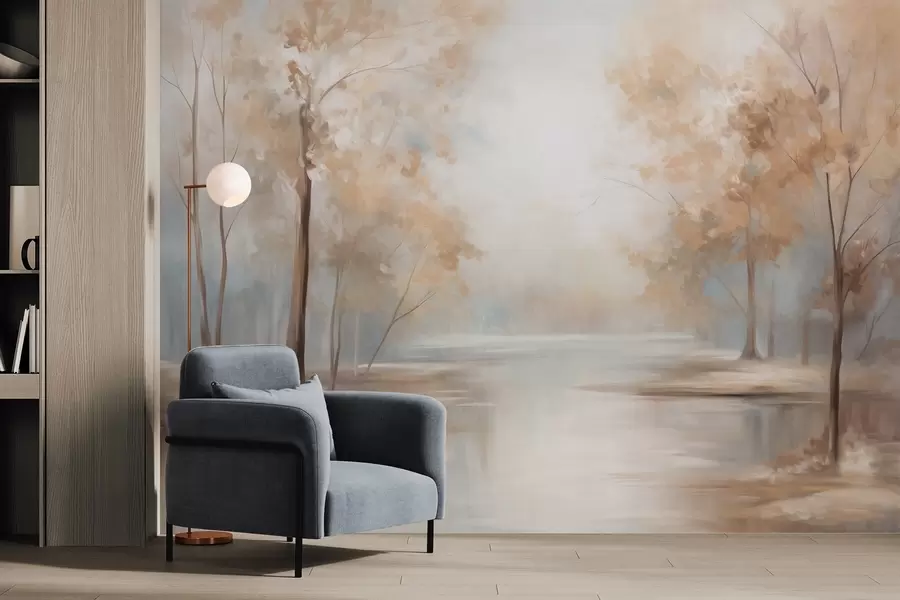 Papier peint Paysage automnal texturé avec des arbres et une rivière, couleurs douces, atmosphère légère et aérienne, scène paisible et tranquille w09541