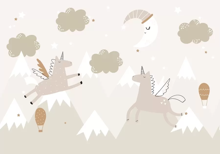 Papier peint Lune endormie, licornes et ballons w04886