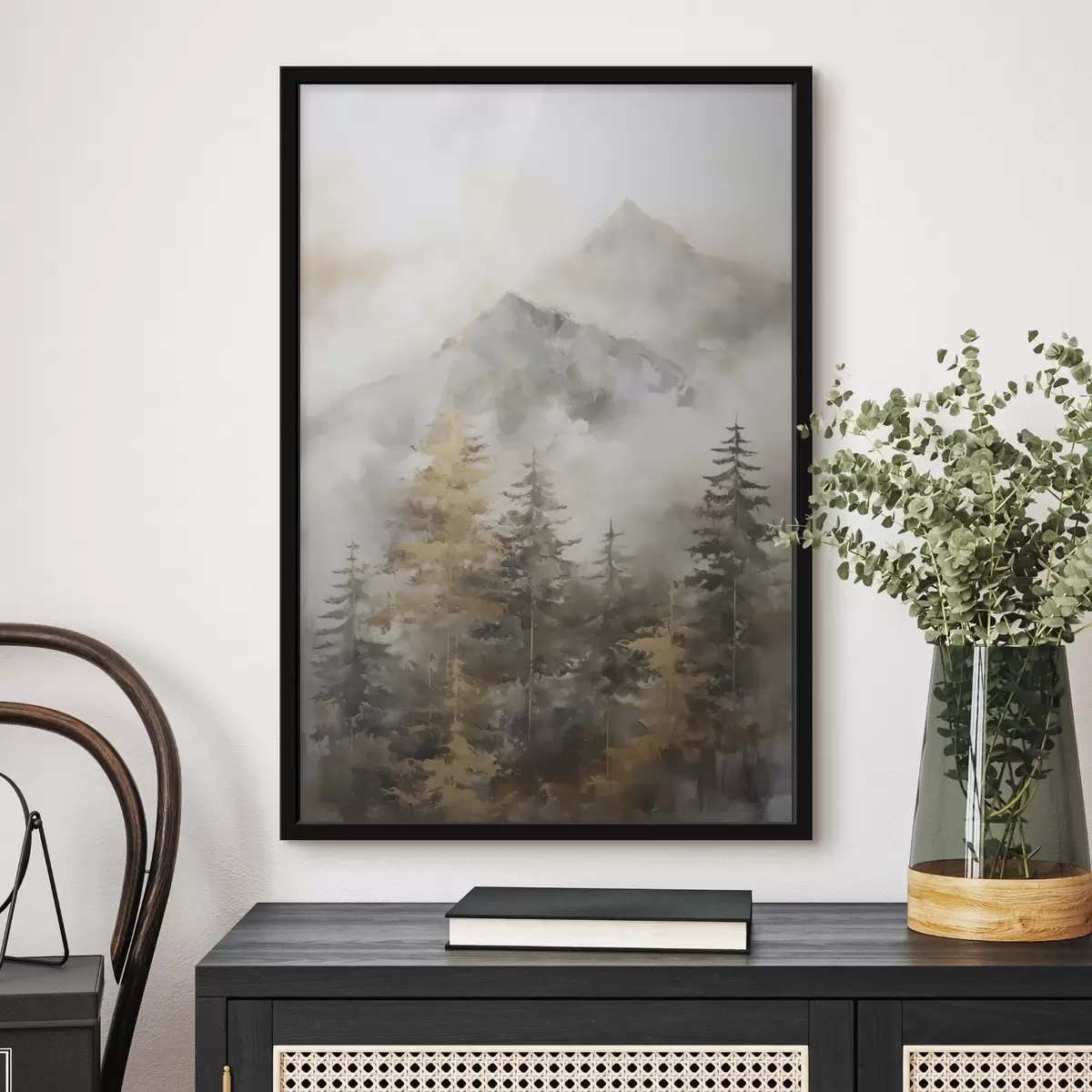 Poster Forêt avec les montagnes en arrière-plan, imitation de peinture f46670