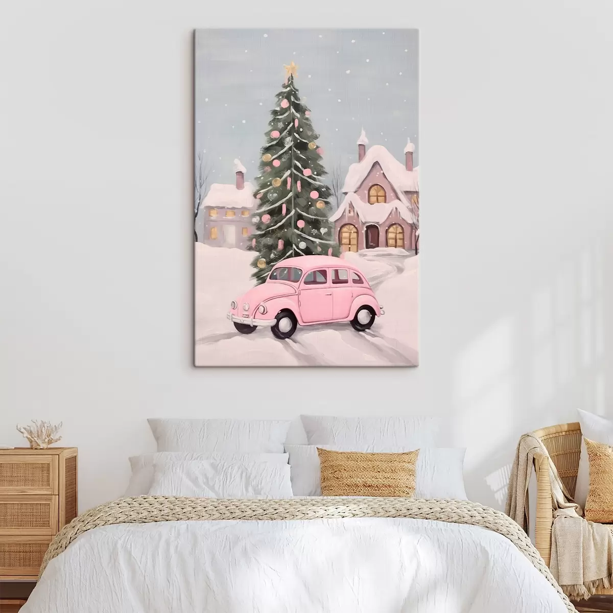 Tableau Voiture rose et sapin de Noël décoré devant la maison s46621