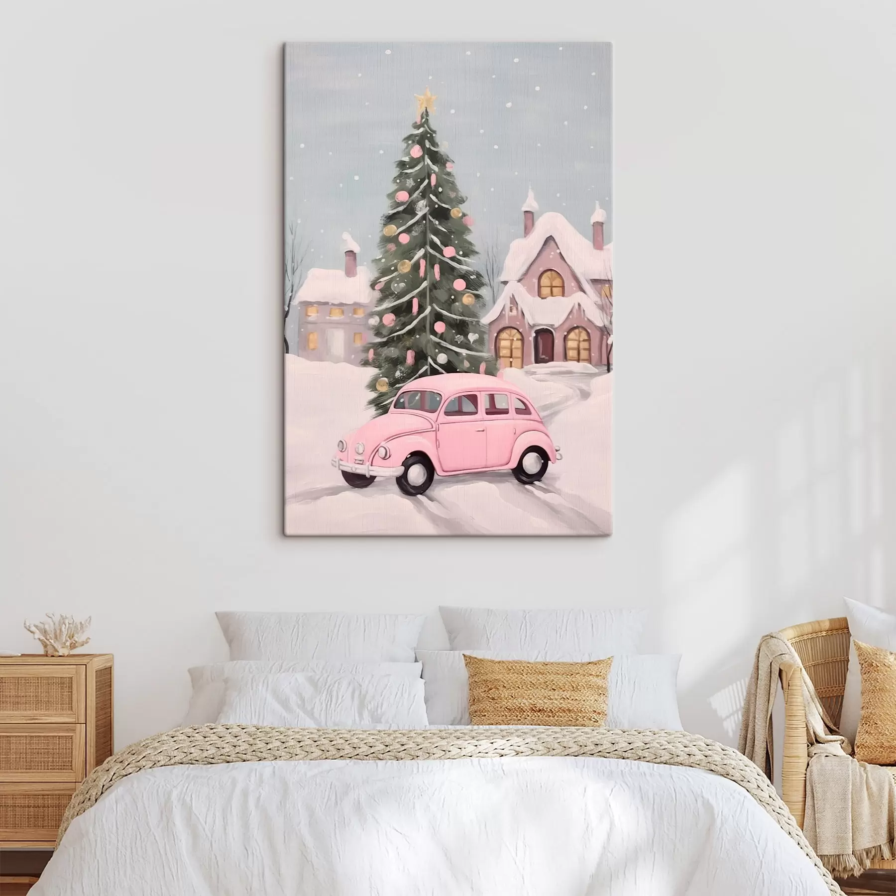 Tableau Voiture rose et sapin de Noël décoré devant la maison s46621