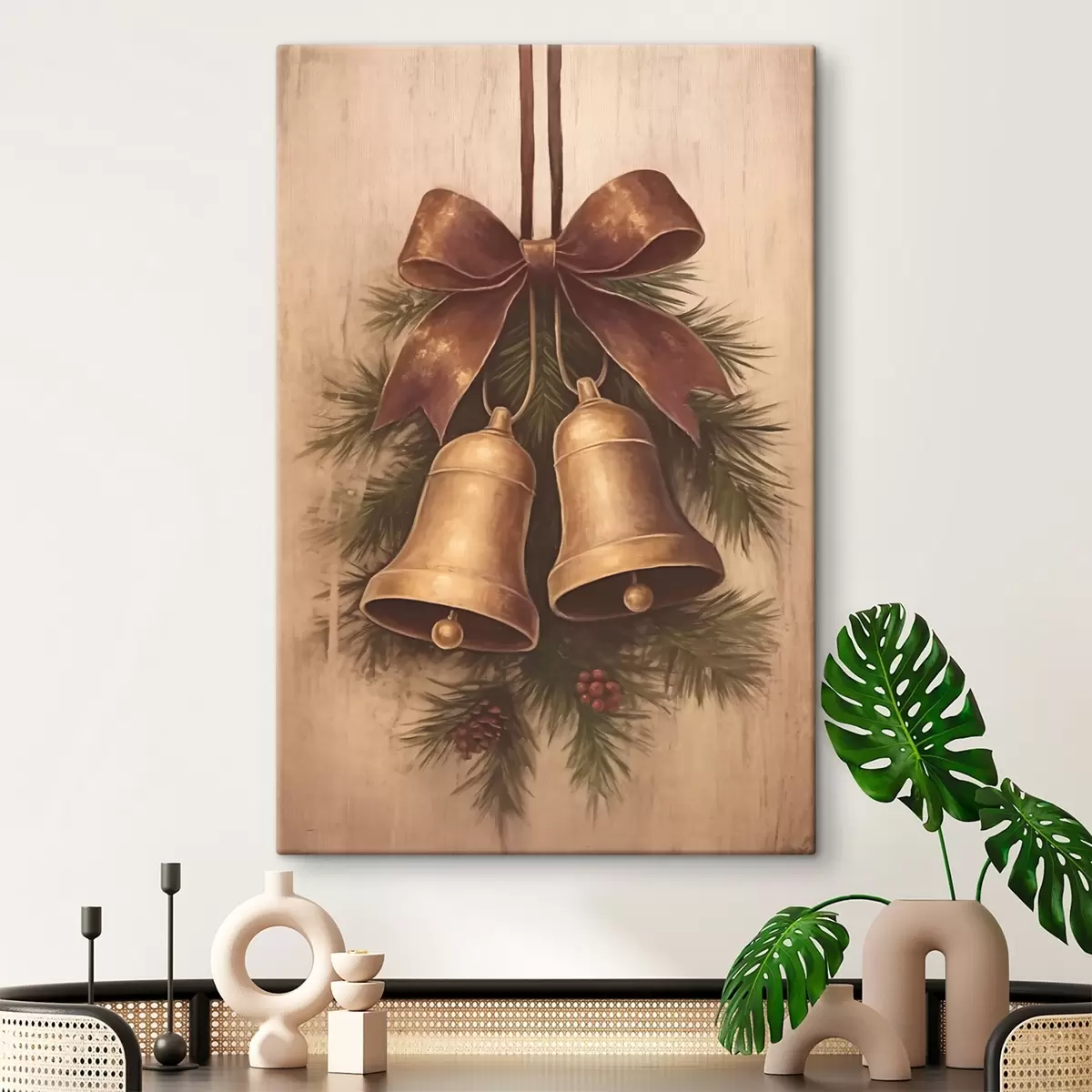Tableau Décoration de Noël vintage avec deux cloches et un nœud s46626