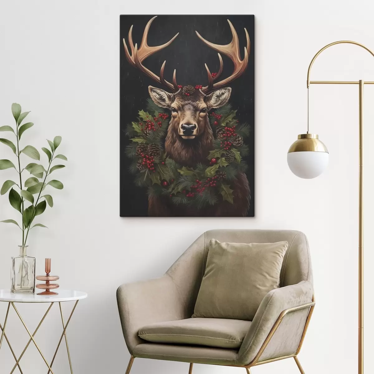 Tableau Portrait d'un cerf avec une couronne de Noël s46628