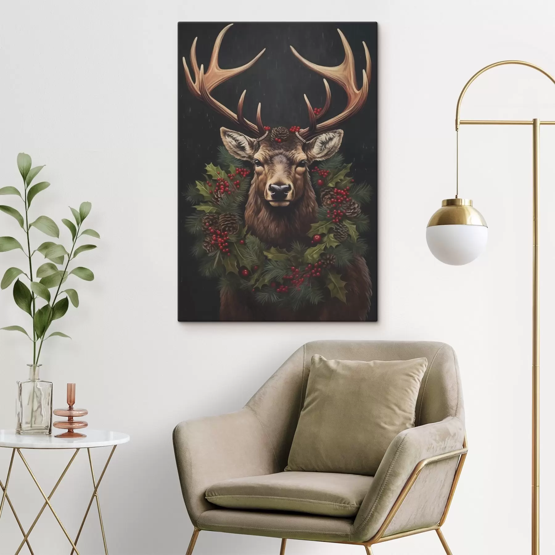 Tableau Portrait d'un cerf avec une couronne de Noël s46628