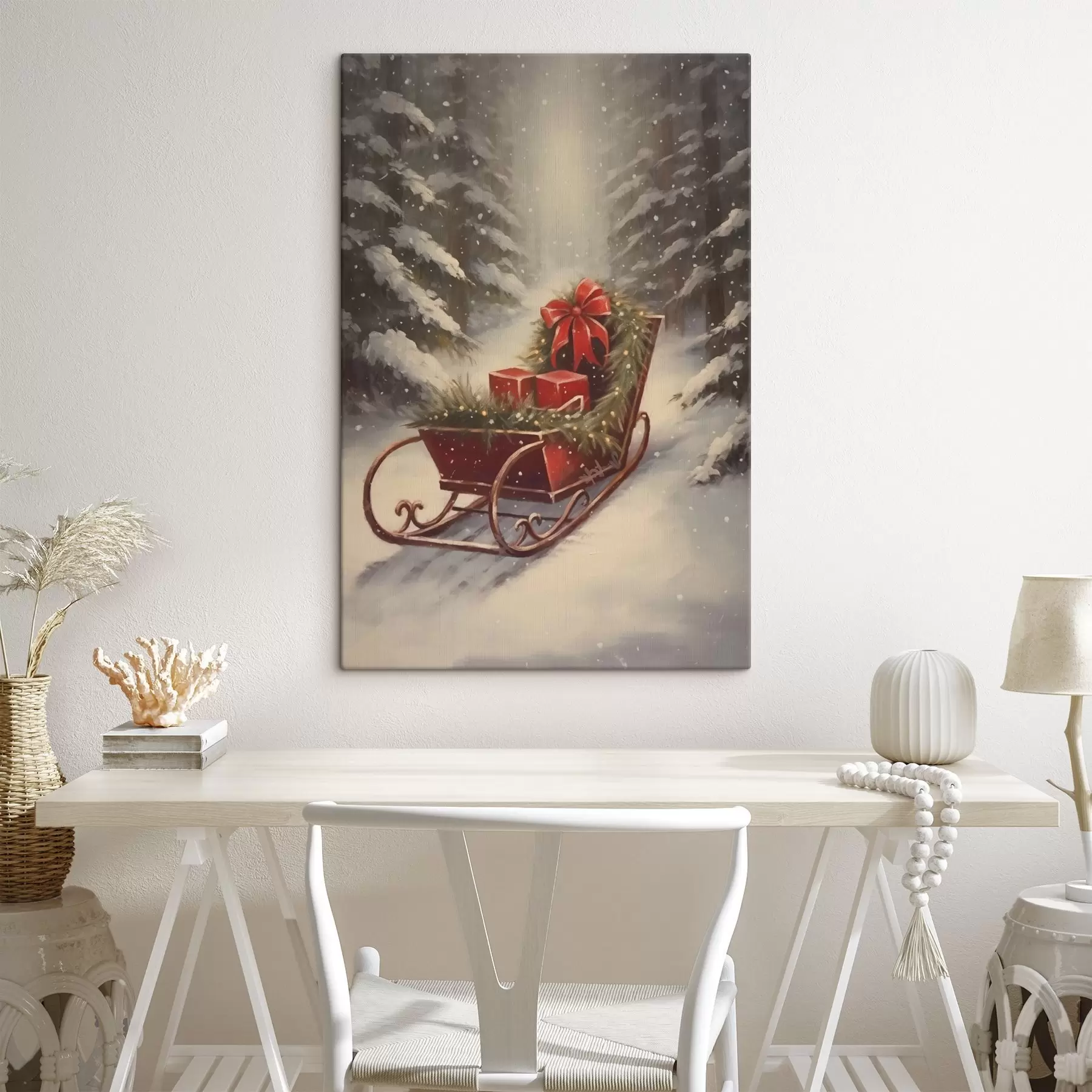 Tableau Traîneau de Noël avec des cadeaux dans une forêt enneigée s46630