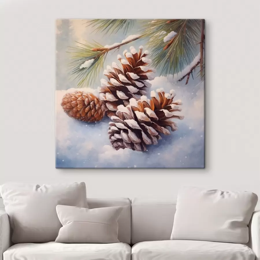Tableau Pommes de pin et branches recouvertes de neige s46631