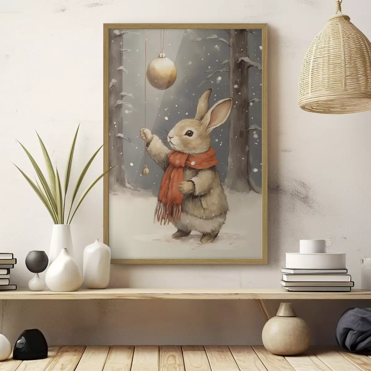 Poster Lièvre d'hiver avec écharpe et boule de Noël f46619