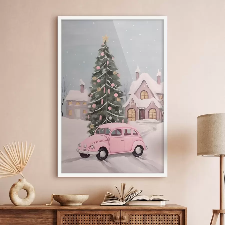 Papier peint Voiture rose et sapin de Noël décoré devant la maison f46621