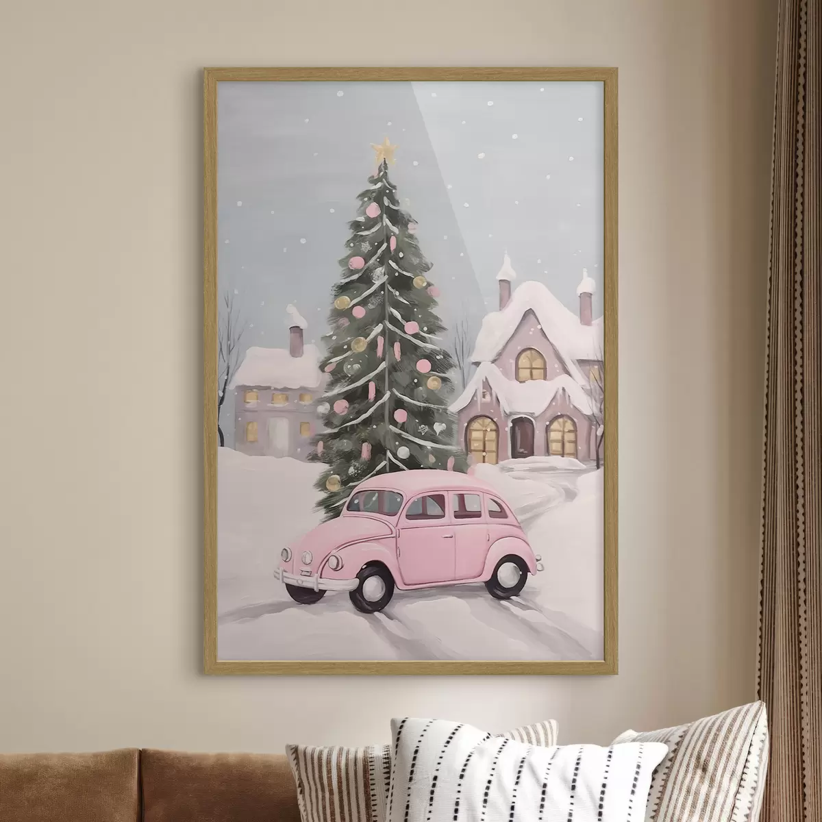Poster Voiture rose et sapin de Noël décoré devant la maison f46621