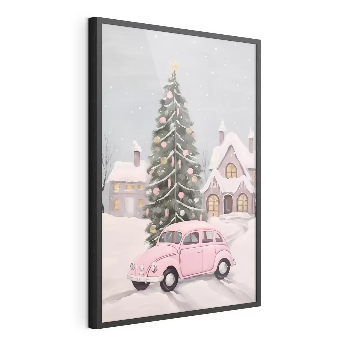 Poster Voiture rose et sapin de Noël décoré devant la maison f46621