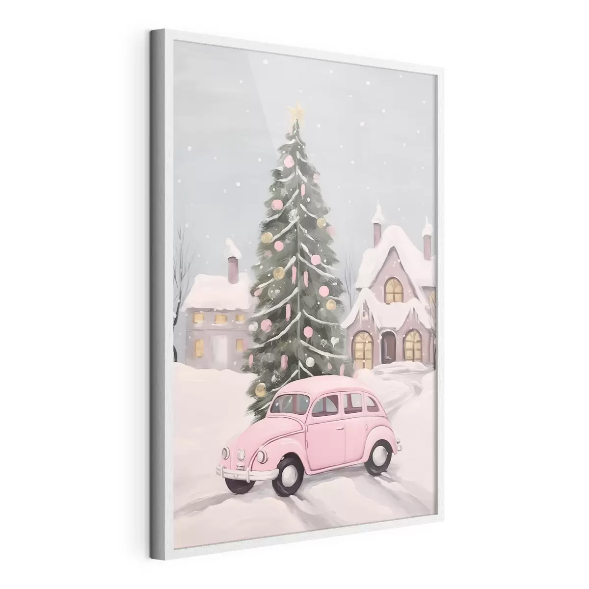 Poster Voiture rose et sapin de Noël décoré devant la maison f46621