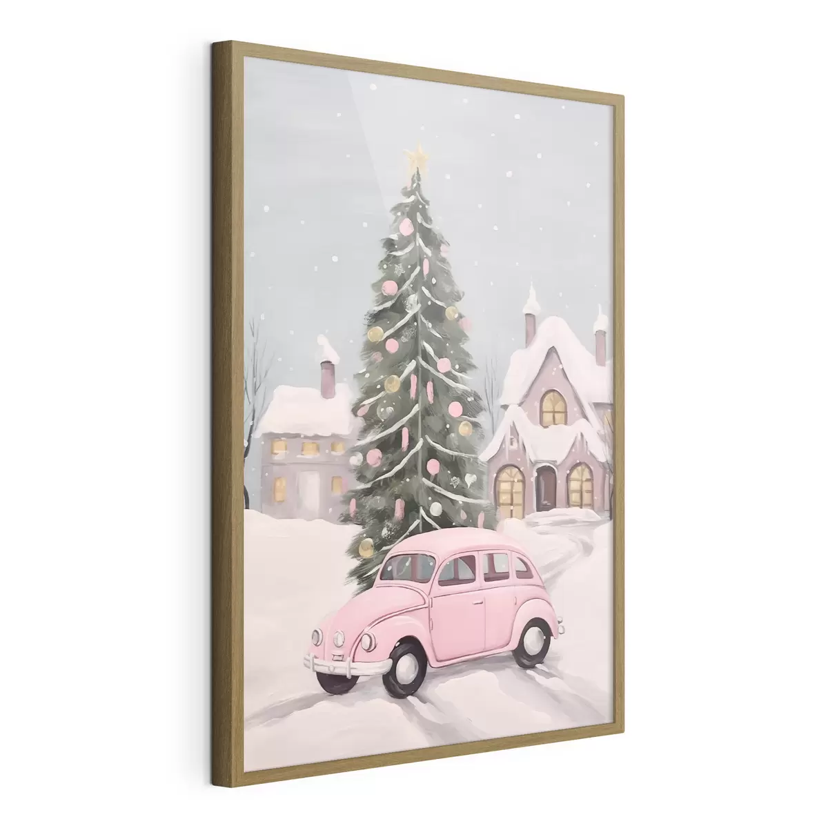 Poster Voiture rose et sapin de Noël décoré devant la maison f46621